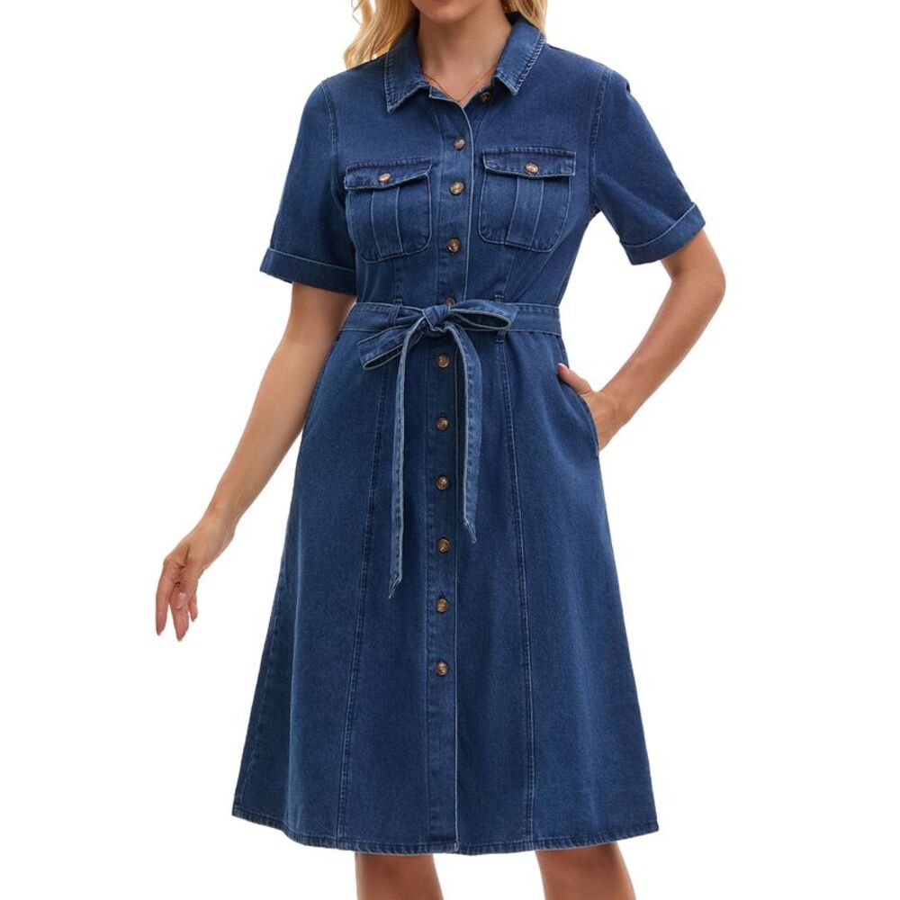 Women's Denim Dress Button Down Short Sleeve Belted Jean Shirt Dress Dark Blue